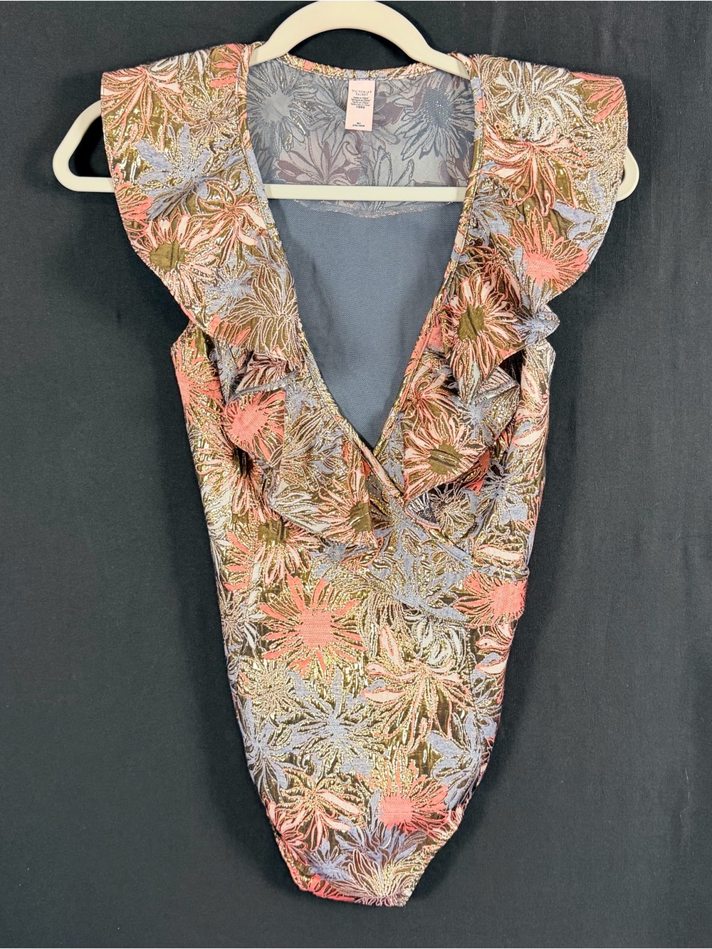 Victoria's Secret Angel Brocade V-Neck Bodysuit Pink, Blue & Gold thong mesh bak